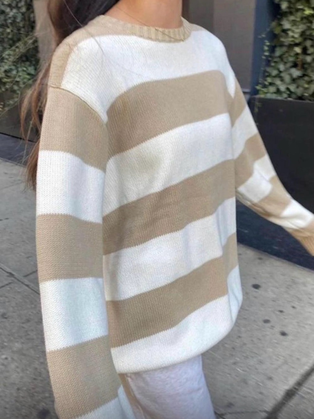 Brandy Melville Beige & White Striped Crewneck Sweater
